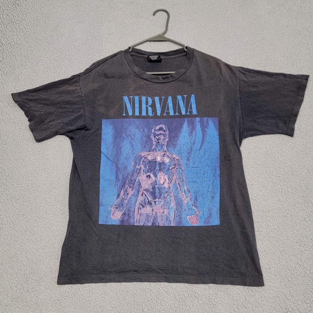 Vintage Nirvana Sliver Shirt Mens L (Fits M) Black Giant Tag Tee Kurt Cobain 90s